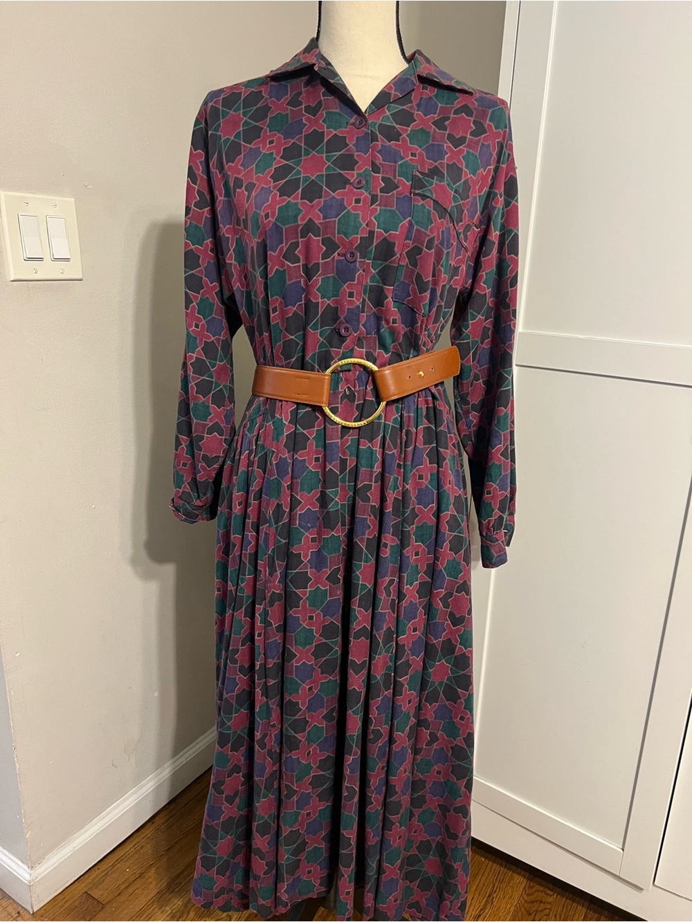 Vintage Laura Ashley Plum and Teal Geometric Button-Front Maxi Dress